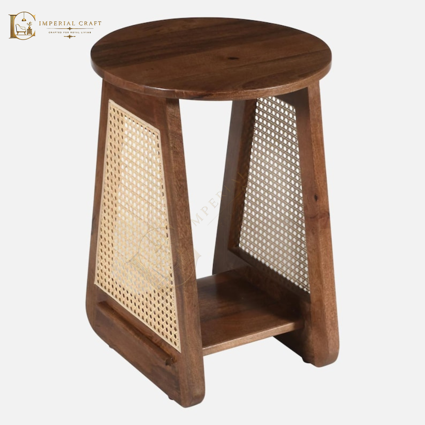 Cane Side Table – Round Top Sheesham Wood & Rattan Handcrafted Accent Table