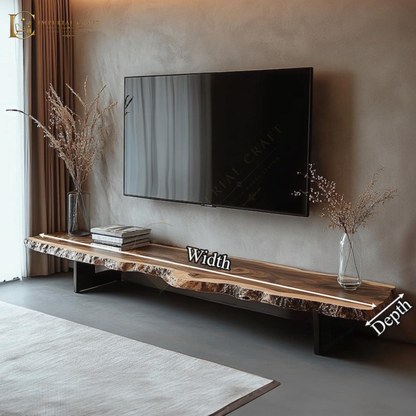 Rustic Live Edge TV Stand – Solid Sheesham Wood Floating Console Shelf – Handmade Natural Media Cabinet & Wooden TV Bench