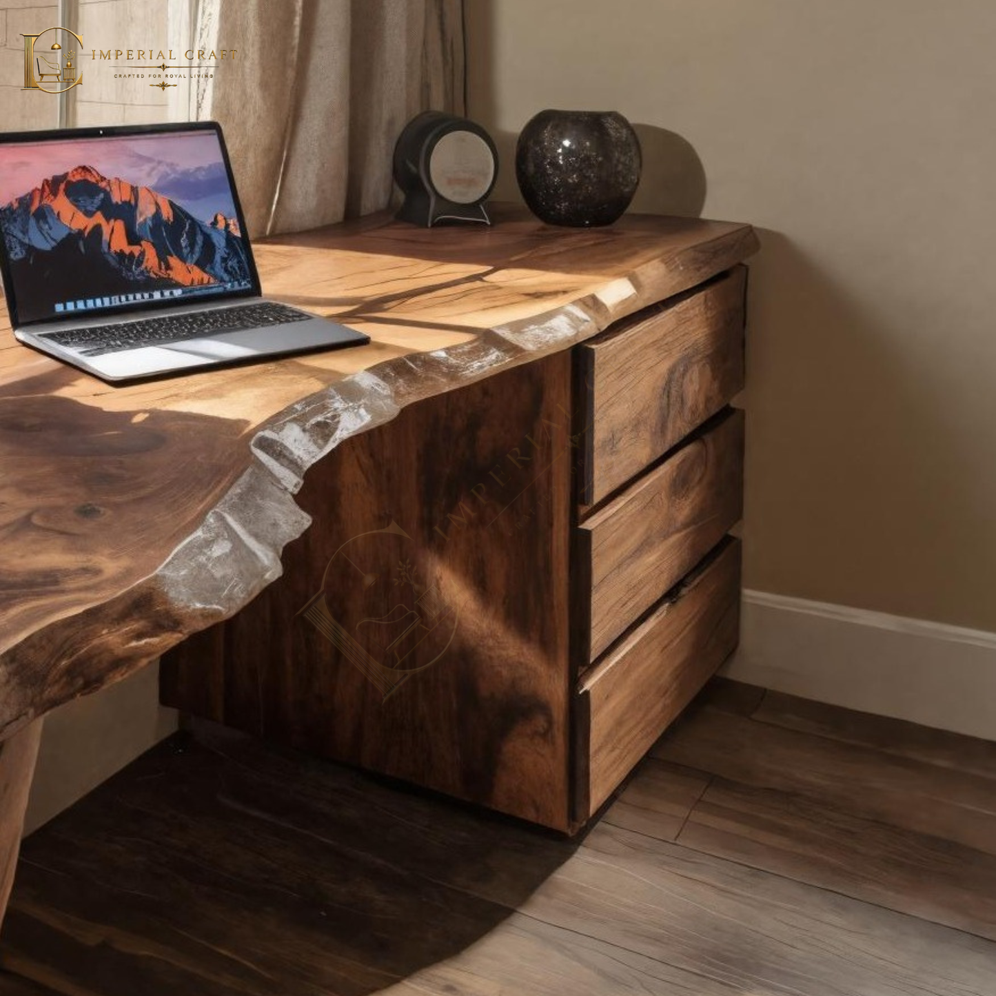 Modern Live Edge Desk With Storage Drawers For Study Room