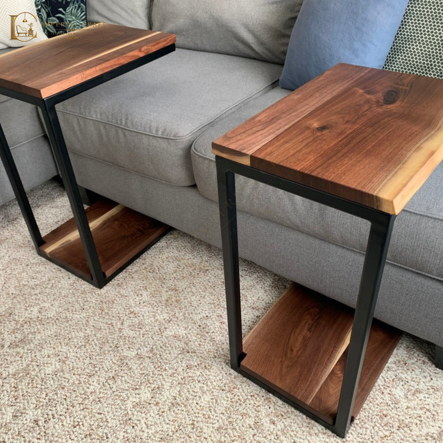 Floor Shelf Live Edge Sheesham Wood C Table – Solid Wood Sofa Side Table with Storage