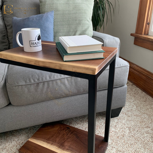 Floor Shelf Live Edge Sheesham Wood C Table – Solid Wood Sofa Side Table with Storage
