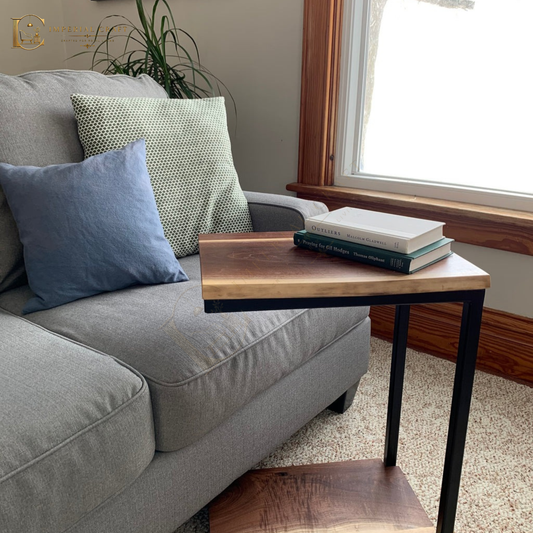 Floor Shelf Live Edge Sheesham Wood C Table – Solid Wood Sofa Side Table with Storage