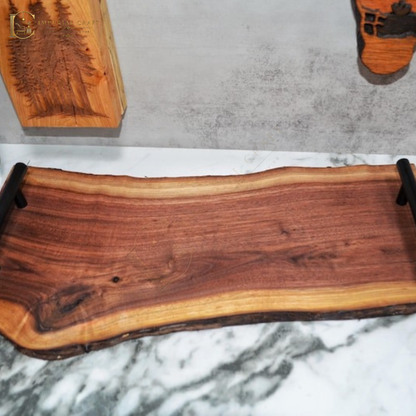 Handmade Black Sheesham Live Edge Serving Tray with Metal Handles – Rustic Solid Wood Platter