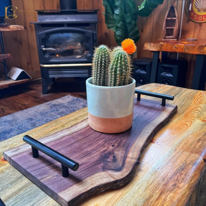 Handmade Black Sheesham Live Edge Serving Tray with Metal Handles – Rustic Solid Wood Platter
