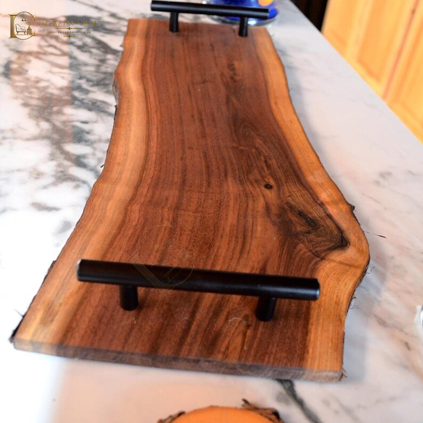 Handmade Black Sheesham Live Edge Serving Tray with Metal Handles – Rustic Solid Wood Platter