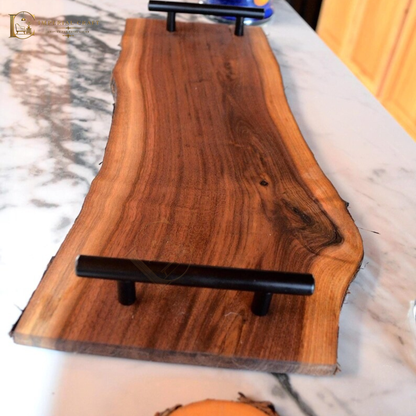 Handmade Black Sheesham Live Edge Serving Tray with Metal Handles – Rustic Solid Wood Platter