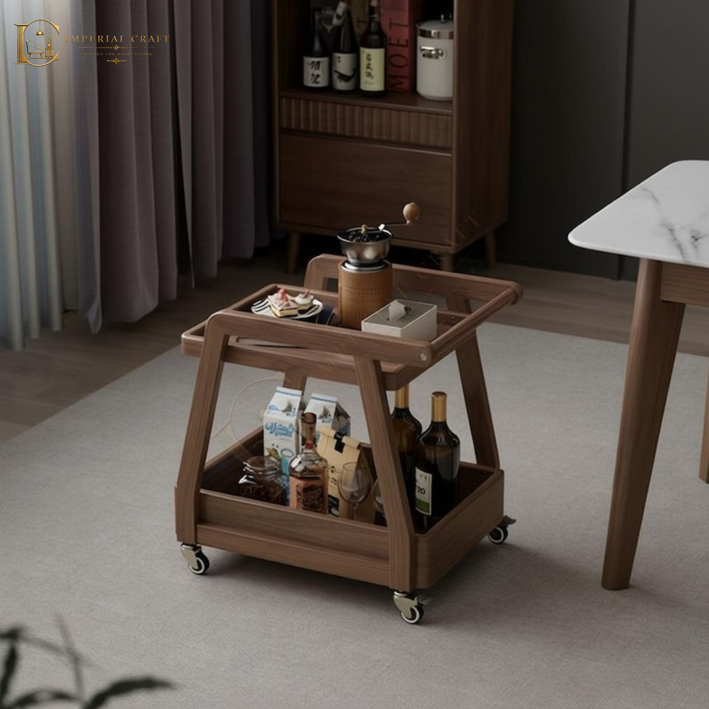 Solid Wood Rolling Cart with Wheels – 2-Tier Mobile Side Table & Coffee Trolley Storage