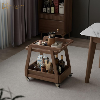 Solid Wood Rolling Cart with Wheels – 2-Tier Mobile Side Table & Coffee Trolley Storage