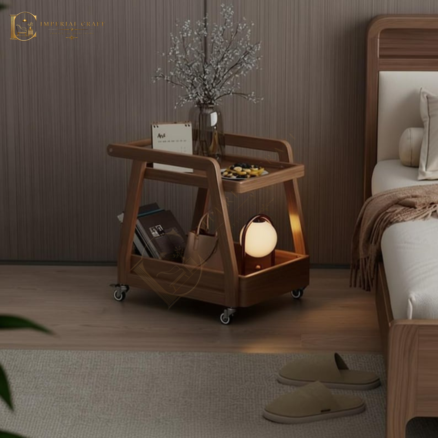 Solid Wood Rolling Cart with Wheels – 2-Tier Mobile Side Table & Coffee Trolley Storage