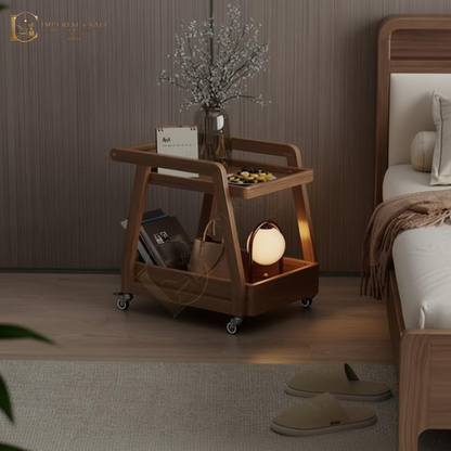 Solid Wood Rolling Cart with Wheels – 2-Tier Mobile Side Table & Coffee Trolley Storage