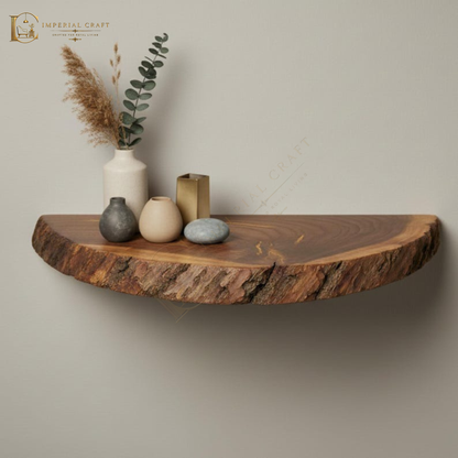 Rustic Half Round Live Edge Floating Shelf – Handmade Solid Sheesham Wood Wall Shelf, Natural Edge Bathroom & Entryway Decor