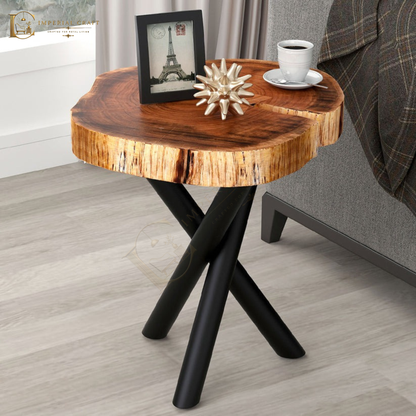 Live Edge Sheesham Coffee Table with Cross Metal Legs – Modern Rustic Wood Table