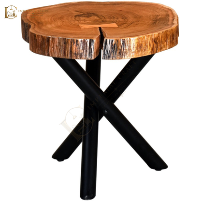 Live Edge Sheesham Coffee Table with Cross Metal Legs – Modern Rustic Wood Table