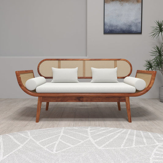 Wooden Rattan Daybed with White Cushions | Handmade Cane Daybed Sofa