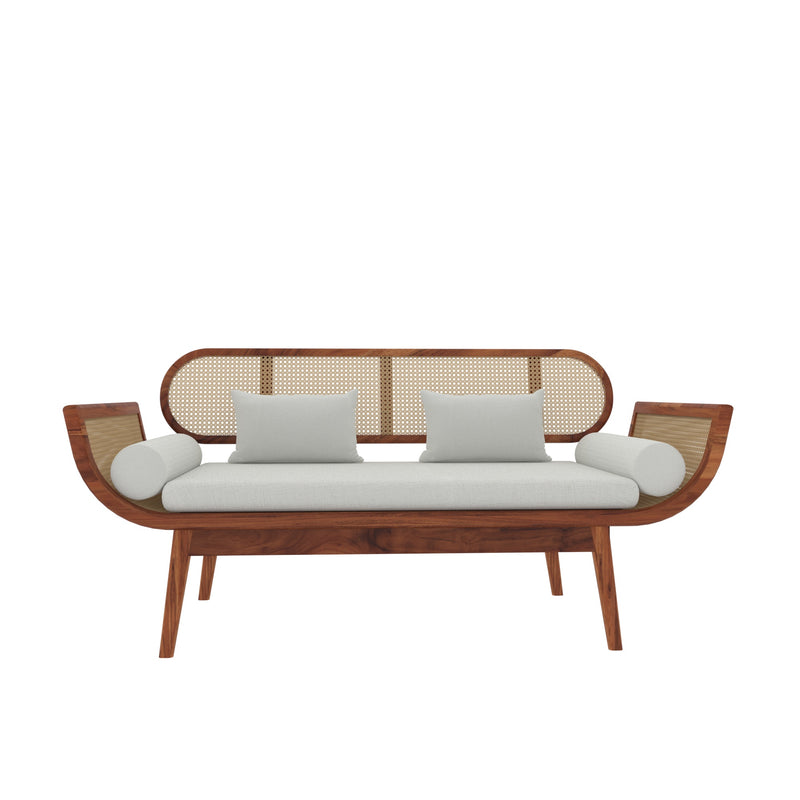 Wooden Rattan Daybed with White Cushions | Handmade Cane Daybed Sofa