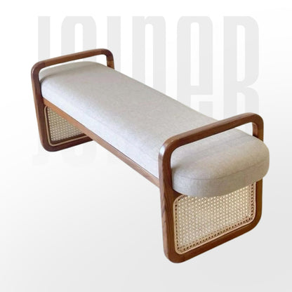 Sufi Rattan Bench in solid wood with cozy cushioning — ideal for entryways, lounge, or front of bed.