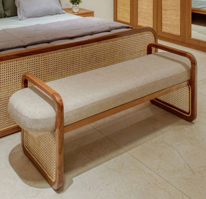 Sufi Rattan Bench in solid wood with cozy cushioning — ideal for entryways, lounge, or front of bed.