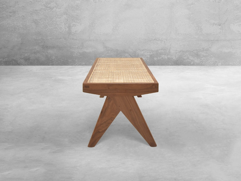 Solid Wood with Rattan Caning Stool – Handcrafted Cane Accent Stool for Home Décor