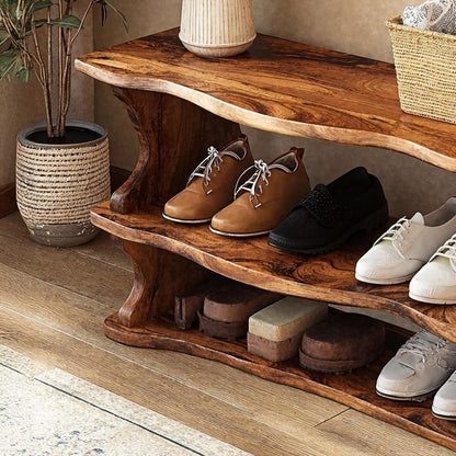 Farmhouse Solid Wood Shoe Bench – Mid-Century Entryway Shoe Rack & Storage Organizer