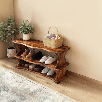 Farmhouse Solid Wood Shoe Bench – Mid-Century Entryway Shoe Rack & Storage Organizer