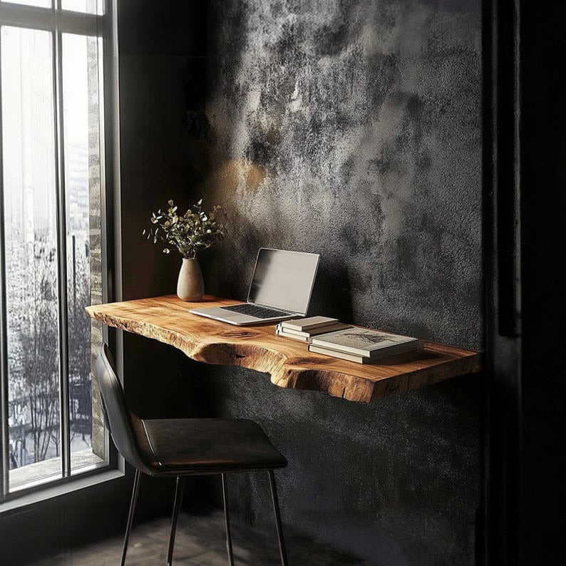 Rustic Live Edge Floating Desk, Solid Wood Wall Mounted Shelf Table for Home Office