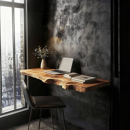 Rustic Live Edge Floating Desk, Solid Wood Wall Mounted Shelf Table for Home Office