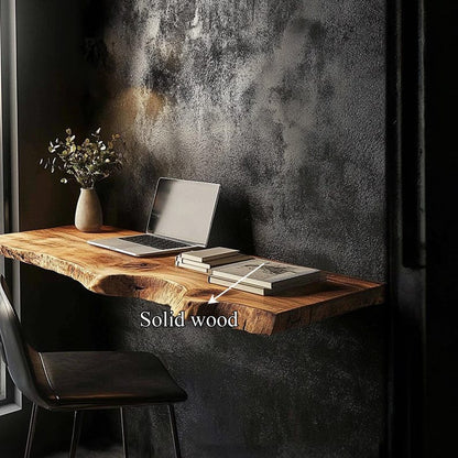 Rustic Live Edge Floating Desk, Solid Wood Wall Mounted Shelf Table for Home Office