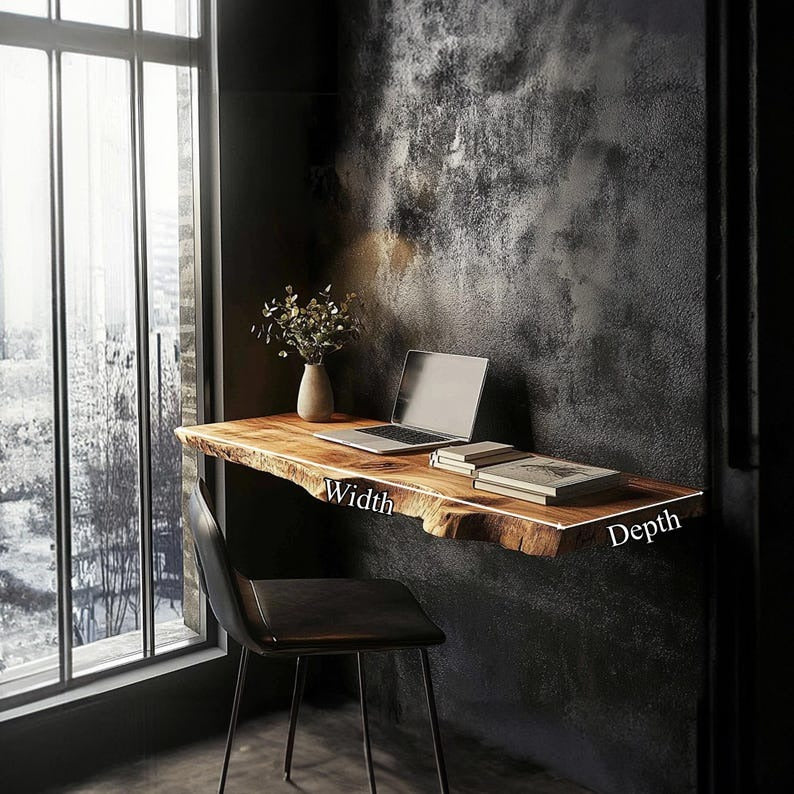 Rustic Live Edge Floating Desk, Solid Wood Wall Mounted Shelf Table for Home Office