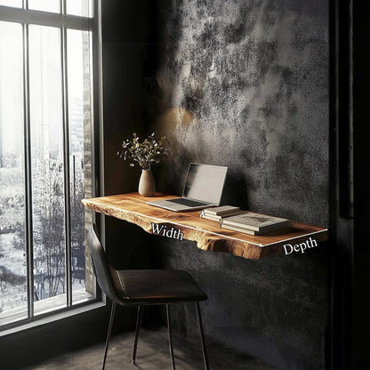 Rustic Live Edge Floating Desk, Solid Wood Wall Mounted Shelf Table for Home Office