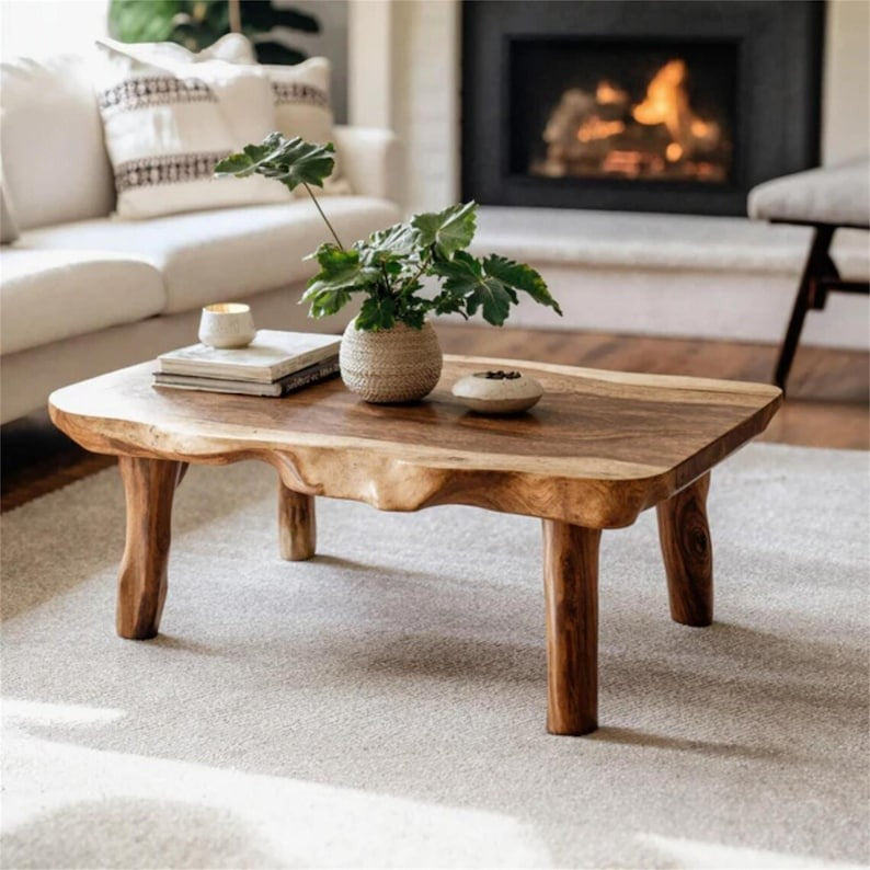 Live Edge Farmhouse Coffee Table – Handmade Solid Wood Rustic Center Table, Natural Wood Living Room Furniture