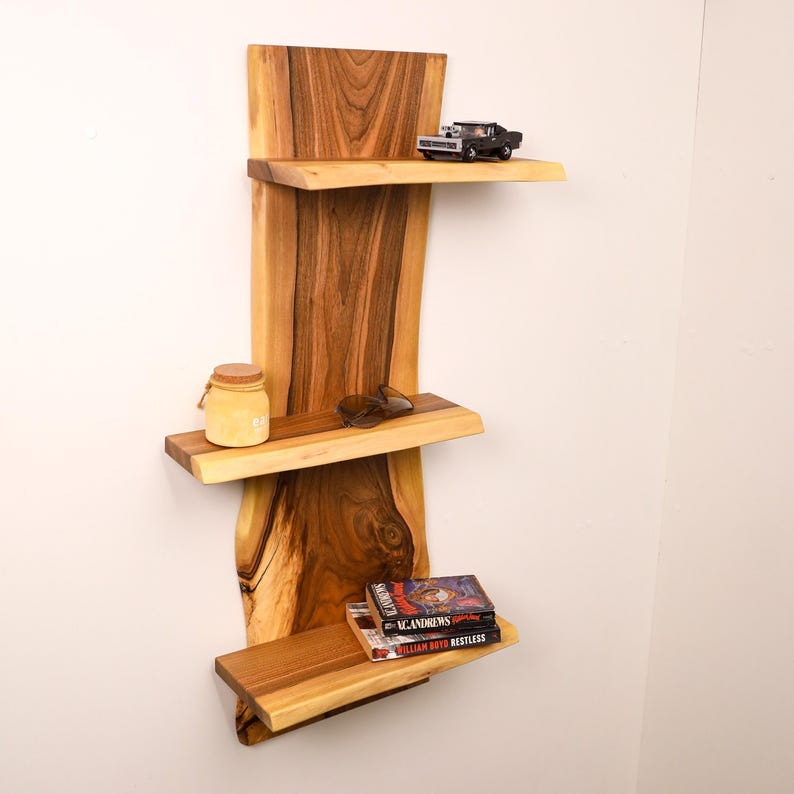 Live Edge Solid Sheesham Floating Shelf – Handmade Wall Mounted Wooden Shelf, Mid-Century Modern Bookshelf, Rustic Home Décor