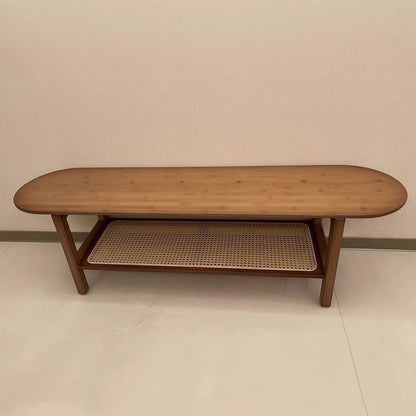 Bamboo Rattan TV Stand – Natural Media Console with Rattan Shelves & Solid Bamboo Frame