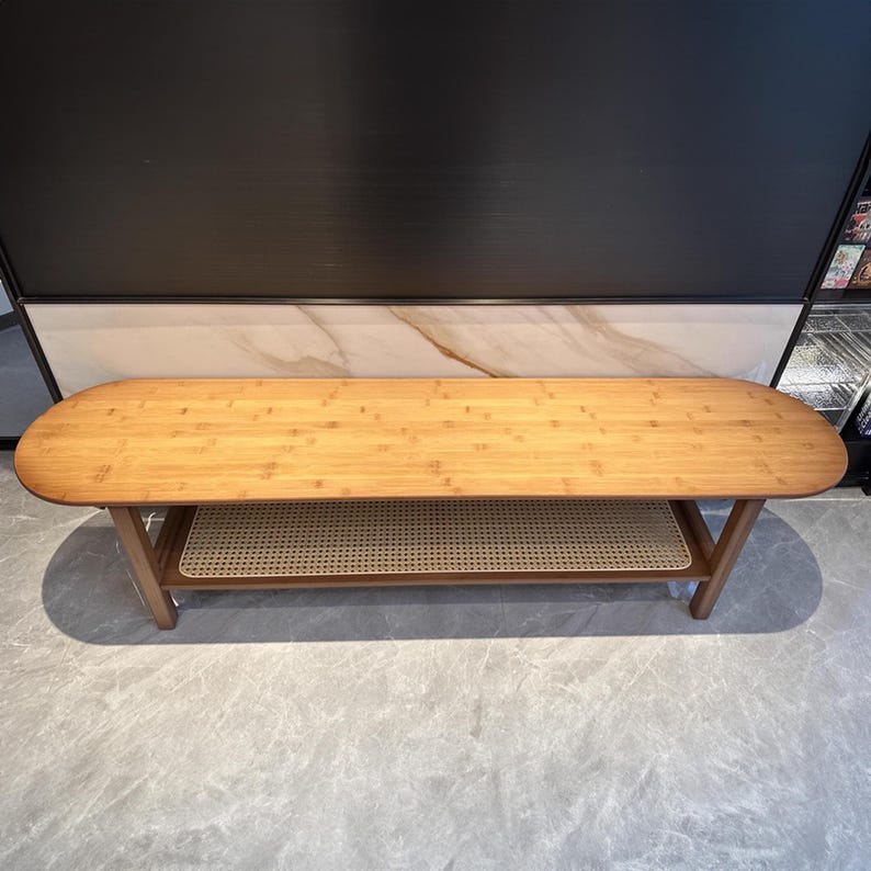 Bamboo Rattan TV Stand – Natural Media Console with Rattan Shelves & Solid Bamboo Frame