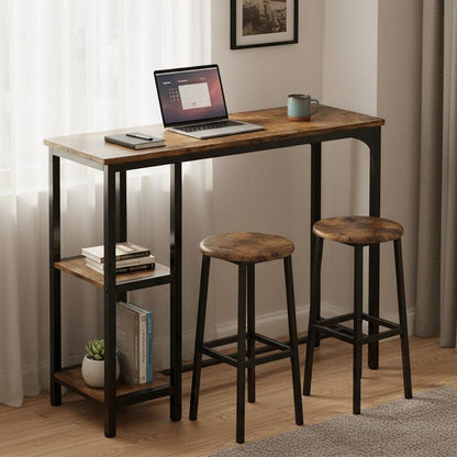 Industrial Bar Table Set with Stools Rustic Wood Finish Metal Frame Storage