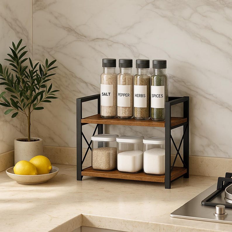 2-Tier Countertop Spice Rack, Rustic Wood Kitchen Shelf