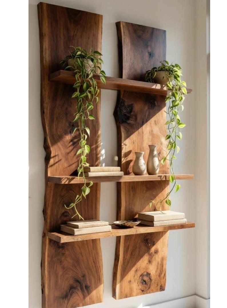 Live Edge Wall Shelf, Floating Wood Bookcase, Rustic Farmhouse Shelving Unit