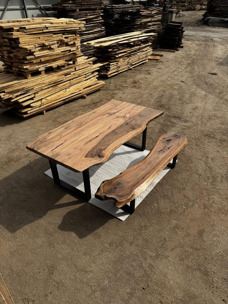 Live Edge Sheesham Dining Table with Matching Bench, Solid Wood Slab Kitchen Table Set