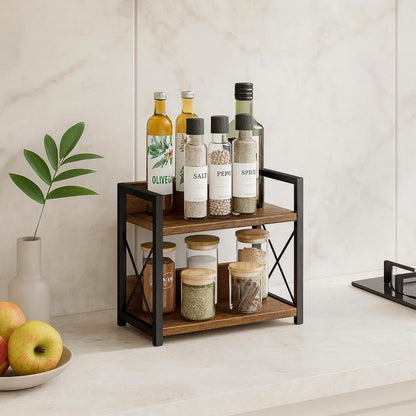 2-Tier Countertop Spice Rack, Rustic Wood Kitchen Shelf