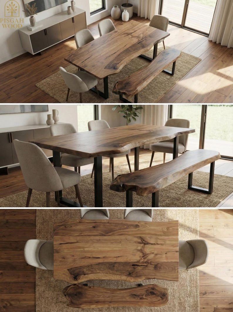 Live Edge Sheesham Dining Table with Matching Bench, Solid Wood Slab Kitchen Table Set