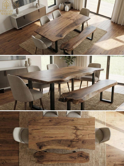 Live Edge Sheesham Dining Table with Matching Bench, Solid Wood Slab Kitchen Table Set