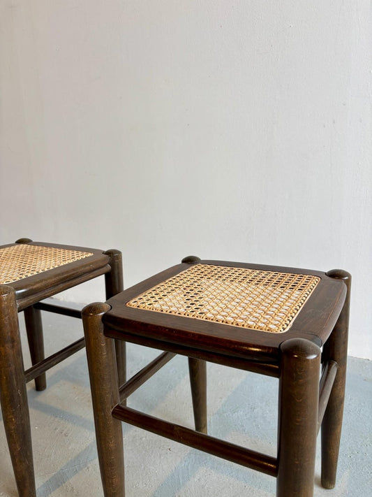 Solid Wood Rattan Stool – Handcrafted Cane Woven Wooden Stool for Living Room & Bedroom