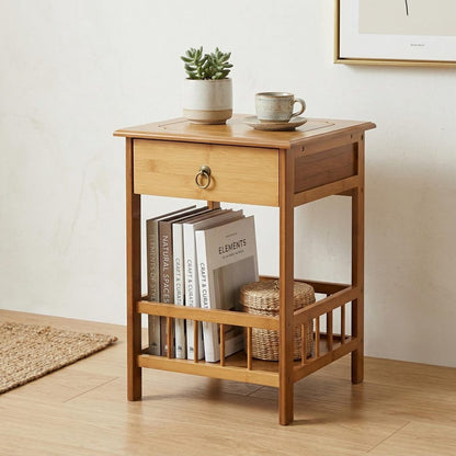 Solid wood Nightstand with Drawer | Boho Bedroom Side Table Storage Plant Stand