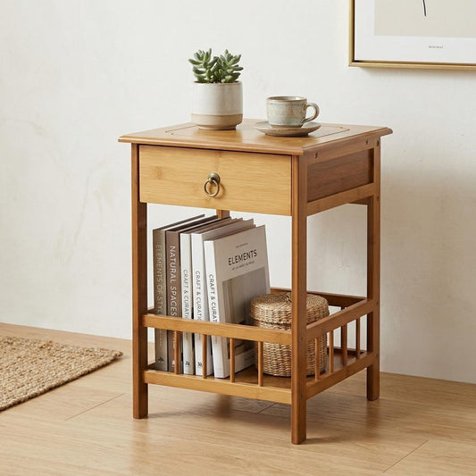 Solid wood Nightstand with Drawer | Boho Bedroom Side Table Storage Plant Stand