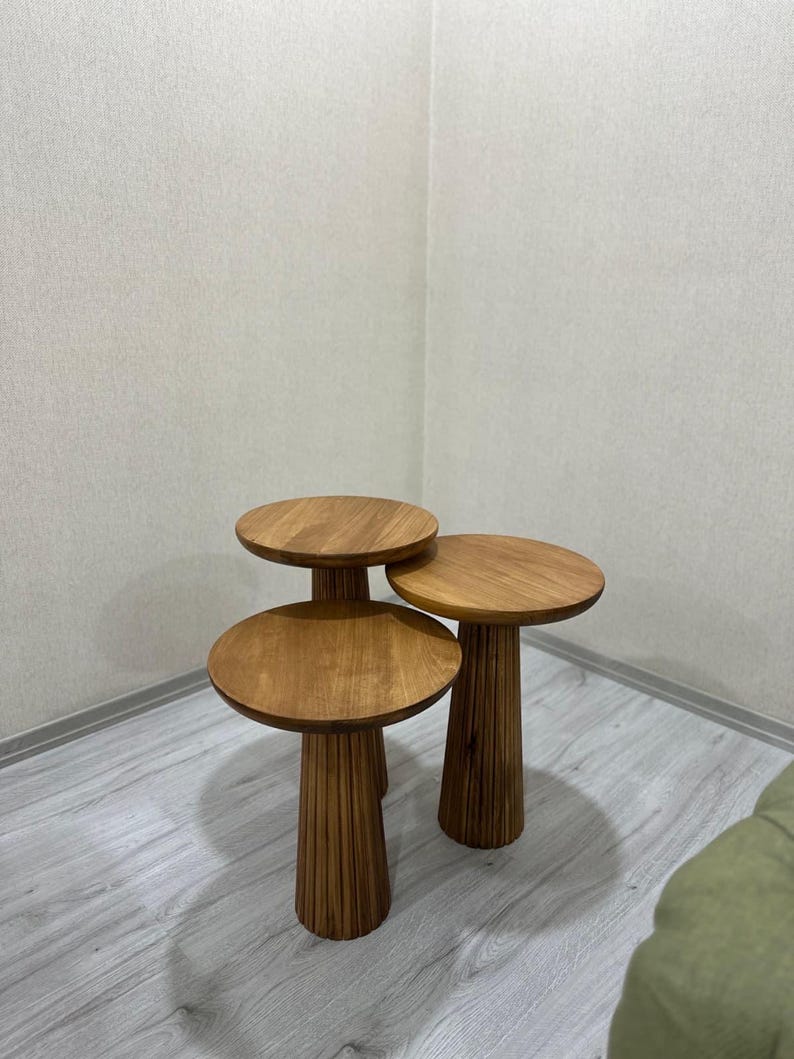 Handmade Mushroom Nesting Tables – Solid Wood Scandinavian Side Tables (Set of 3)