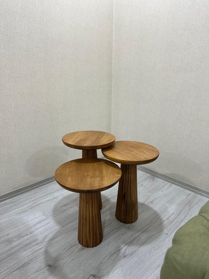 Handmade Mushroom Nesting Tables – Solid Wood Scandinavian Side Tables (Set of 3)
