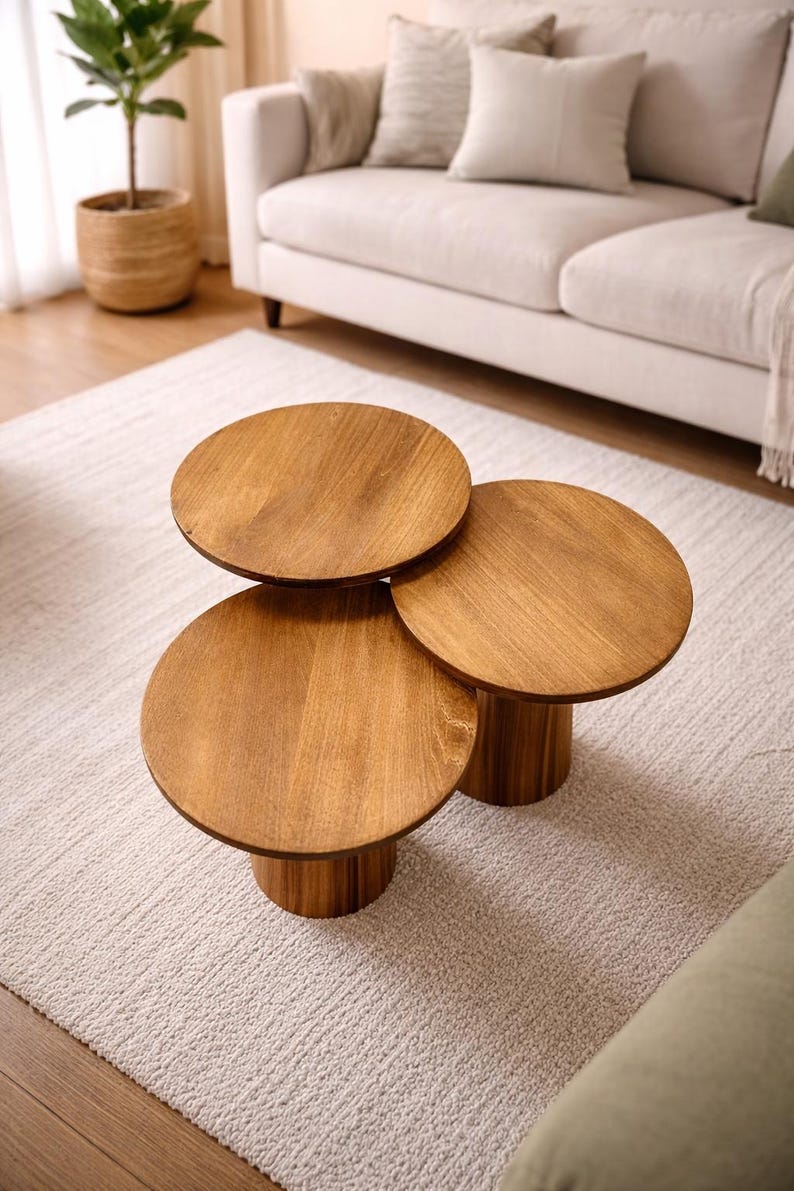 Handmade Mushroom Nesting Tables – Solid Wood Scandinavian Side Tables (Set of 3)