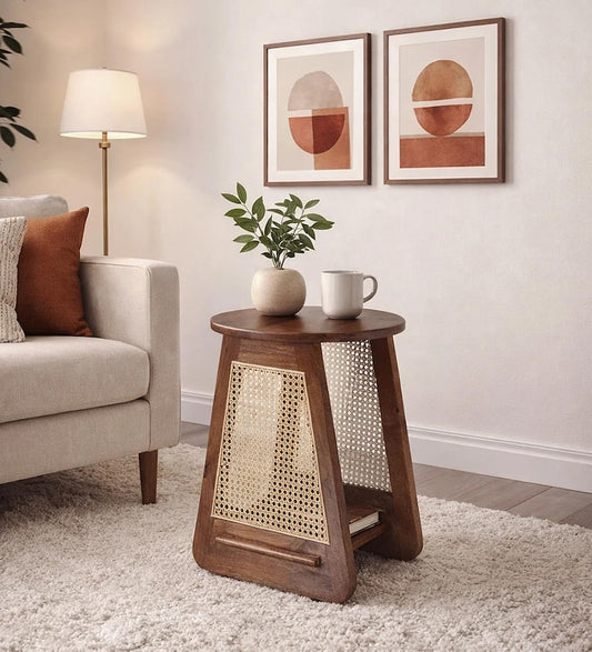Cane Side Table – Round Top Sheesham Wood & Rattan Handcrafted Accent Table