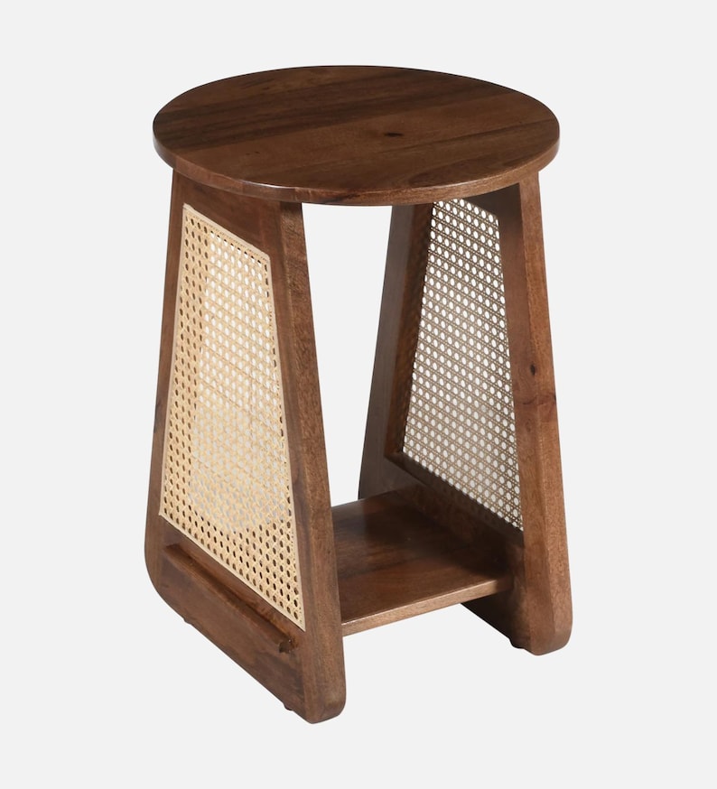 Cane Side Table – Round Top Sheesham Wood & Rattan Handcrafted Accent Table