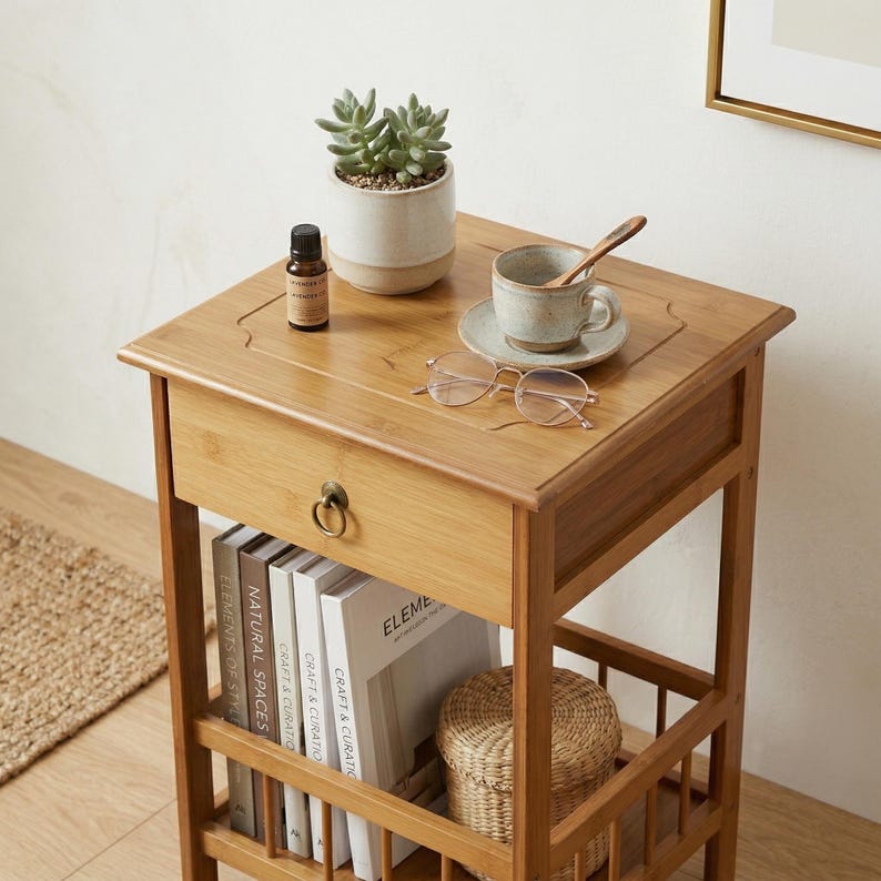 Solid wood Nightstand with Drawer | Boho Bedroom Side Table Storage Plant Stand