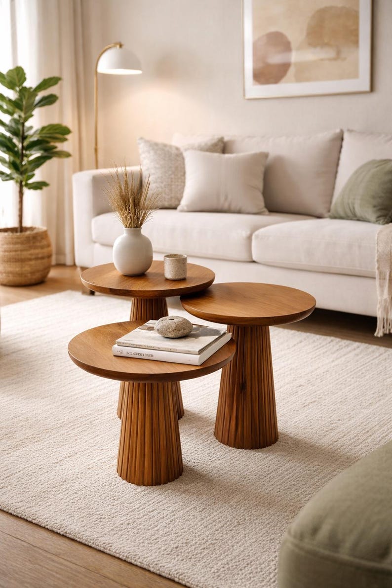 Handmade Mushroom Nesting Tables – Solid Wood Scandinavian Side Tables (Set of 3)